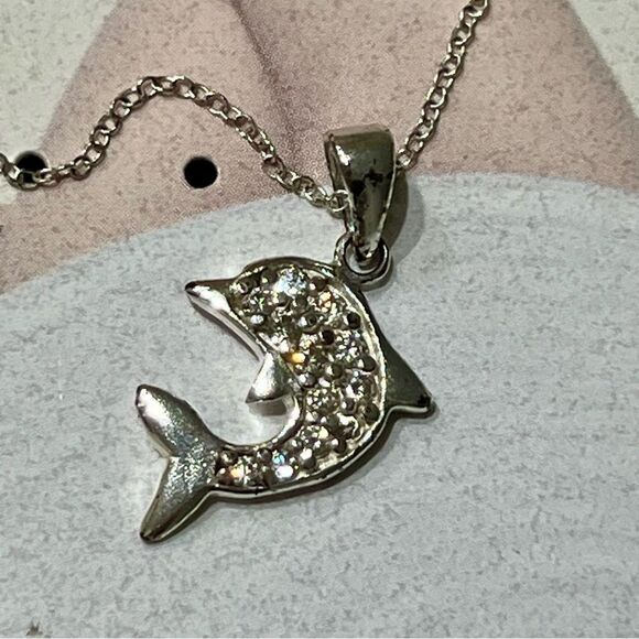 Sterling Silver Dolphin Crystal Cubic Zirconia Pendant Necklace .925 18” - Picture 2 of 2